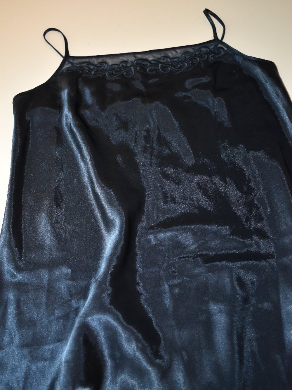 Halston Women 1X Navy Blue Satin Nightgown Chemise Lace Sheer Lingerie